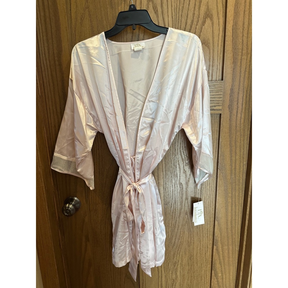 LA Intimates Pink Satin Robe Mesh Trim Wrap Short Kimono NWT Made in USA Small